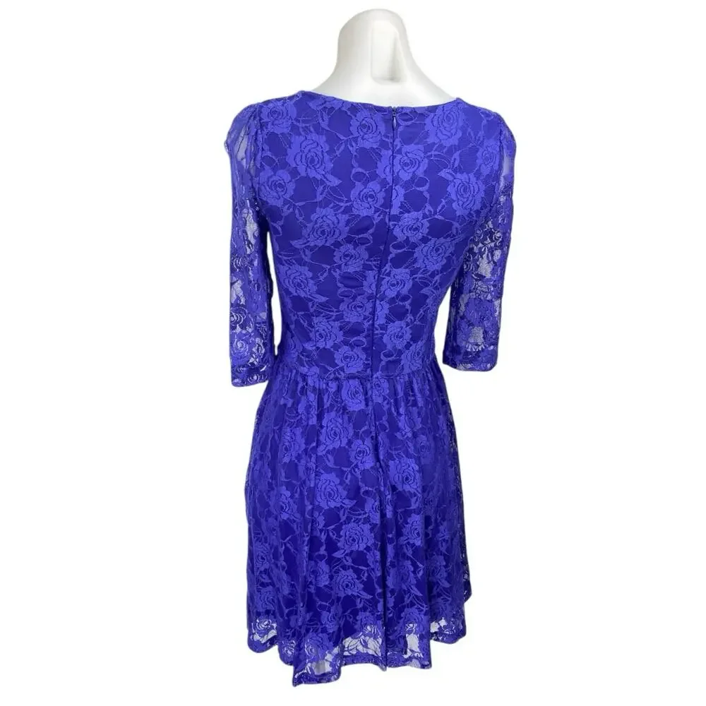 Gianni Bini Blue Floral Lace Half Sleeve Pleated A Line Mini Dress Size XS